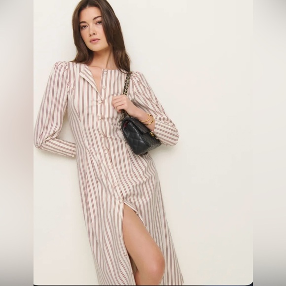 NEW NWT Reformation Halia Striped Button Dress White / Red - Picture 1 of 7